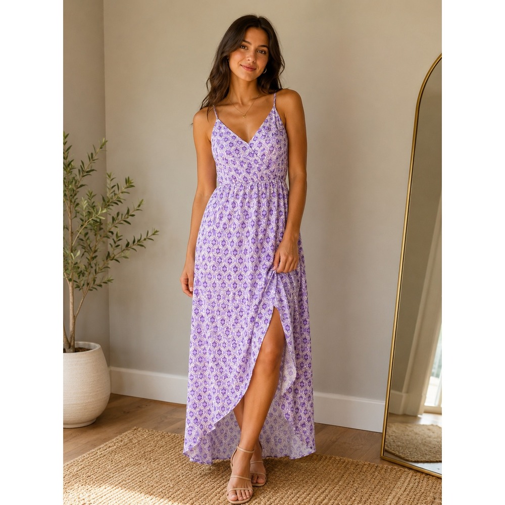Fraiche by J Maxi Dress Purple Mosaic Print Ruffle High-Low  XL FD4574 NWT